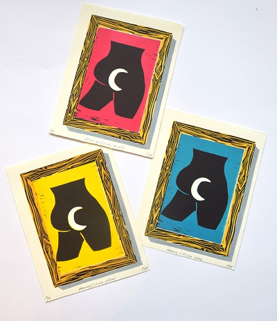 Mooning (lil solo yellow, magenta, cyan) woodblock print on BFK Rives Lightweight Cream Paper 6 1/2 x 5 each color edition of 9 $190 (yellow available at Hecho e Mano, Santa Fe, NM and HOLDING Contemporary, Portlan, OR