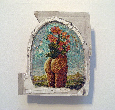 "Paula Wilson paper mosaic of ass with flowers"