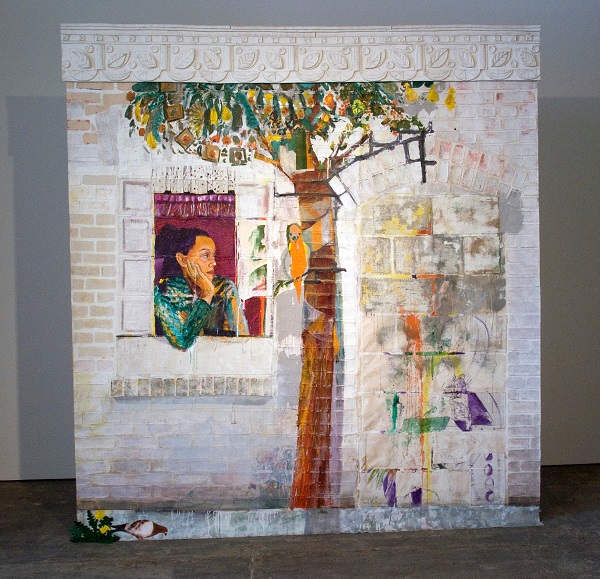 "Paula Wilson wall sized painting of brick with self portrait"