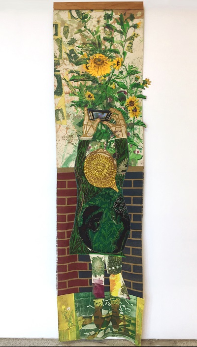 Sunflower // 119 x 31 inches // woodblock print, screenprint, batik, monotype, acrylic, and oil on various fabrics with video insert and cherry wood hanger // 2017